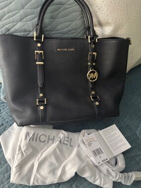 Michael Kors Black Pebbled Leather Tote with Gold MK Charm